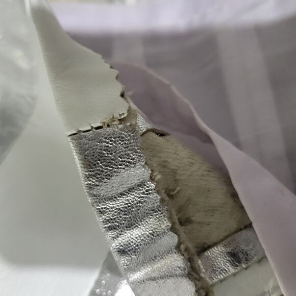 Vintage Leather Dress Silver Metallic White Striped Sheath Pencil Straight Large - Picture 13 of 15